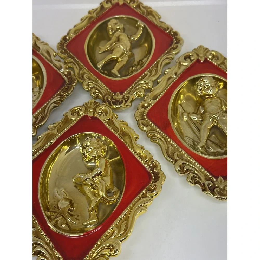 VTG Ardco Wall Cherub Plaques Gold Red Ceramic Japan Gaudy Home Decor 4 pc